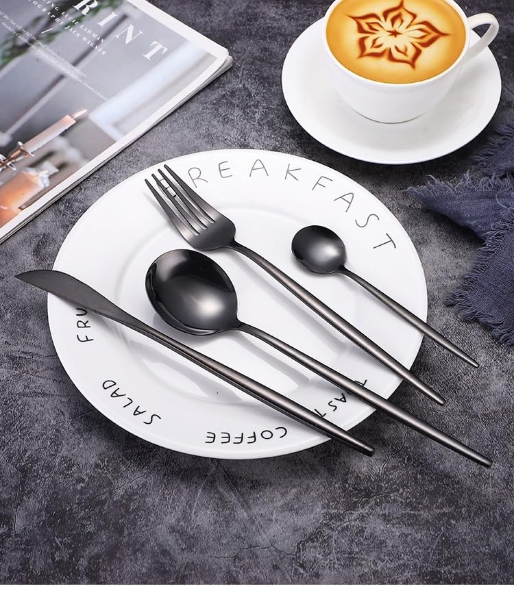 Iktu 24-Piece Stainless Steel Cutlery Set, Mirror Polished Tableware, Dishwasher Safe, Suitable for Housewarming Gift, Dining Table Decor (Black) - Image 3