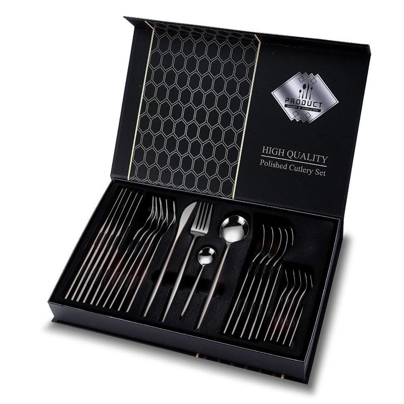 Iktu 24-Piece Stainless Steel Cutlery Set, Mirror Polished Tableware, Dishwasher Safe, Suitable for Housewarming Gift, Dining Table Decor (Black) - Image 5