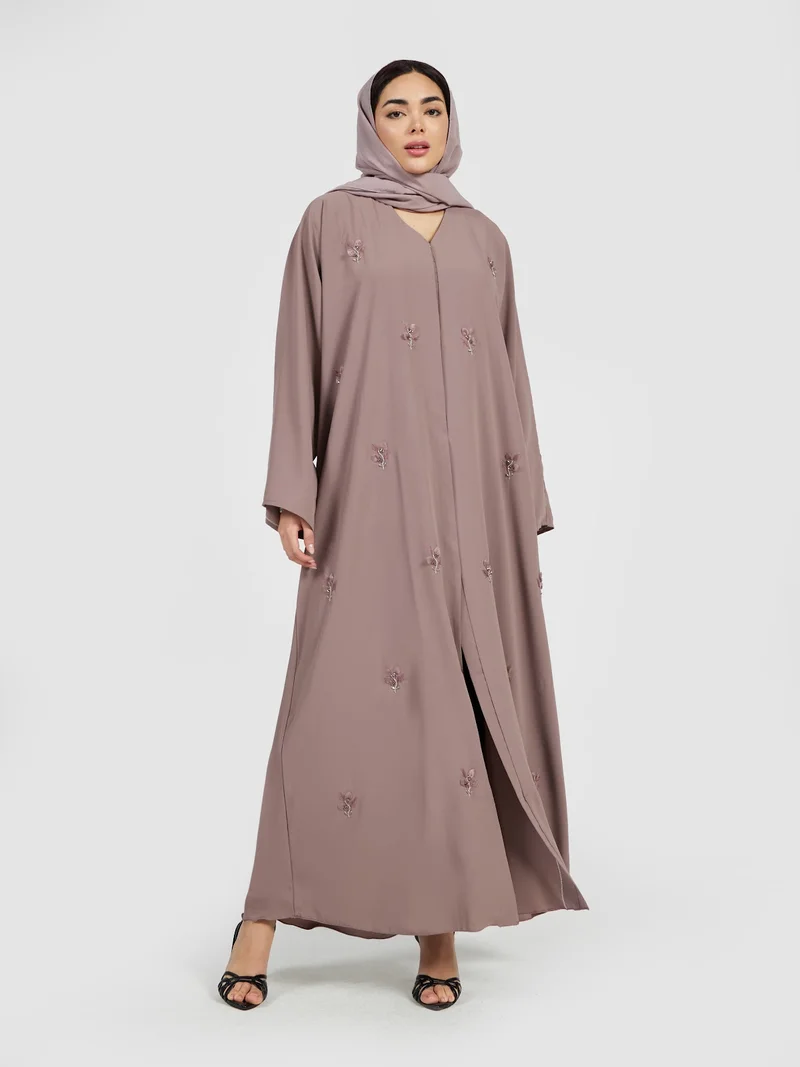 Reem Abayas Women's Dusty Rose 3D Floral Applique Abaya - Modest Fashion