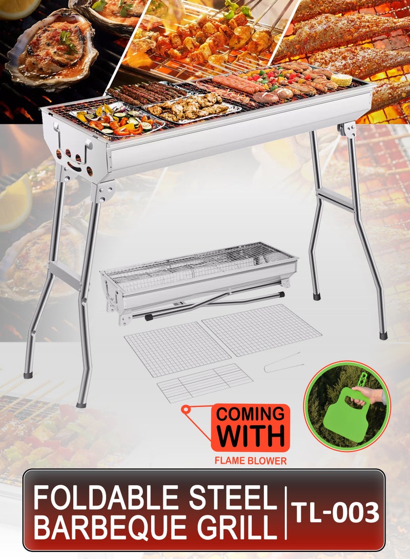 توشيونيكس شواية فحم محمولة قابلة للطي 73 × 33 سم، رف شواء من الفولاذ المقاوم للصدأ بسعة كبيرة مع حامل، مشبك شواء شبكي مضاد للحروق ومروحة يد للشواء لحفلات الحديقة الخارجية، كباب لحم الضأن، الدجاج، السجق، وطهي لحم البقر من 5 إلى 15 شخصًا - Image 1