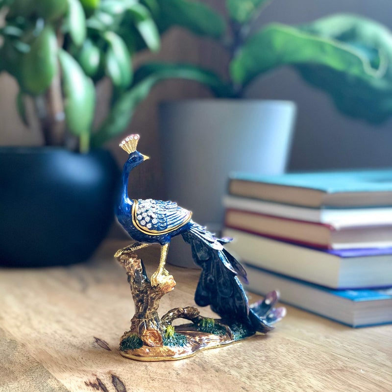 KALIFANO Peacock on Branch Jewelry Box/Stash with Swarovski Element Crystals and Gemstones Made for Storage and Organization - Handmade Earring, Necklace, and Ring Box (Collectible Oranament) - Image 3