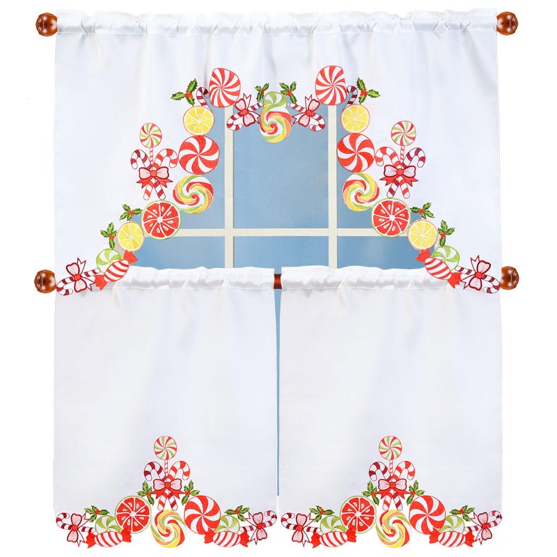 Simhomsen Embroidered Candy Cane Kitchen Window Curtain Swag and Tiers Set for Christmas Holiday Candy Cane - Image 2