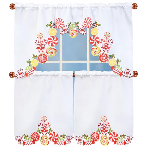 Simhomsen Embroidered Candy Cane Kitchen Window Curtain Swag and Tiers Set for Christmas Holiday Candy Cane - Image 1
