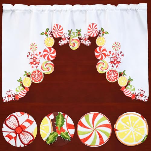 Simhomsen Embroidered Candy Cane Kitchen Window Curtain Swag and Tiers Set for Christmas Holiday Candy Cane - Image 3