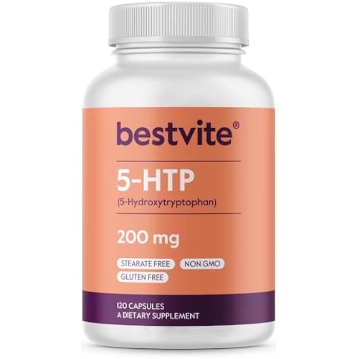 BESTVITE 5-HTP 200mg per Capsule (120 Capsules) - No Stearates - No Flow Agents - Gluten Free - Non GMO - Image 1