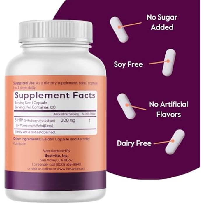 BESTVITE 5-HTP 200mg per Capsule (120 Capsules) - No Stearates - No Flow Agents - Gluten Free - Non GMO - Image 3