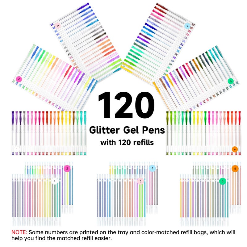 Shuttle Art 240 Pack Glitter Gel Pens, 120 Colors Glitter Gel Pen Set with 120 Refills for Adult Coloring Books Craft Doodling - Image 3