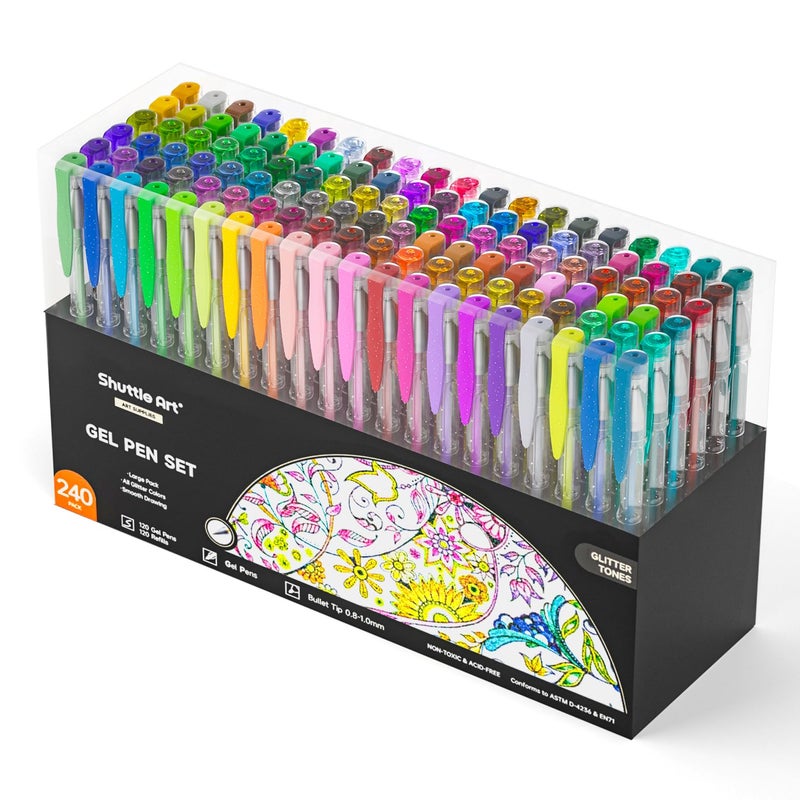Shuttle Art 240 Pack Glitter Gel Pens, 120 Colors Glitter Gel Pen Set with 120 Refills for Adult Coloring Books Craft Doodling - Image 1