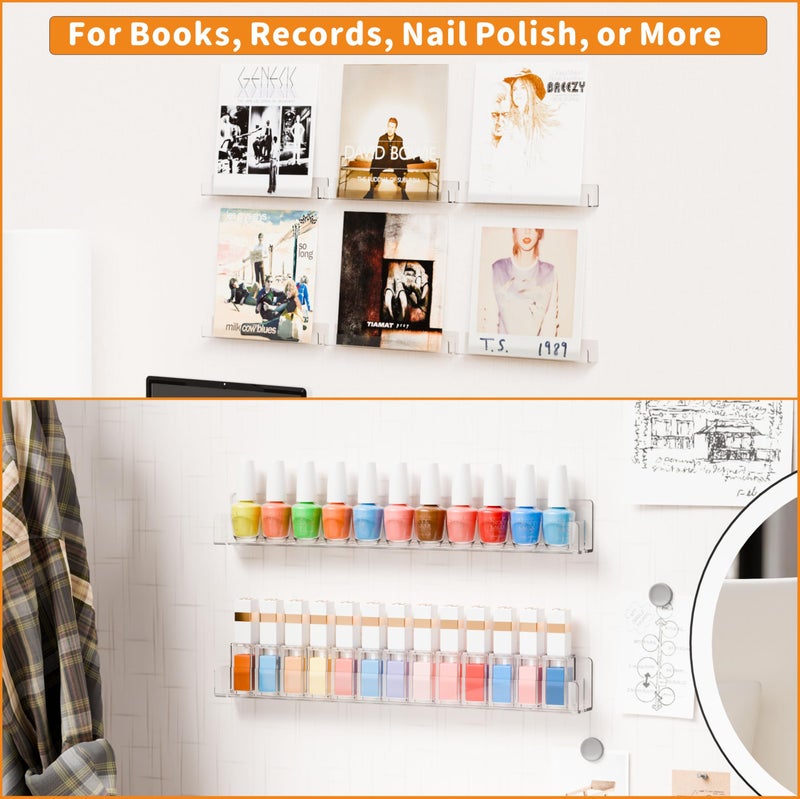 Cq acrylic 4 Pack Vinyl Record Wall Display,15" Acrylic Invisible Floating Bookshelf for Kids Room,Clear Wall Mounted Hanging Book Shelves,Modern Picture Ledge Display and Album Vinyl Wall Mount Shelf - Image 4
