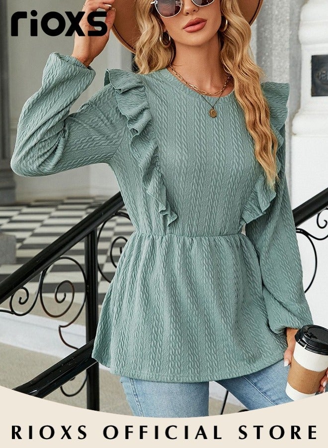RIOXS Women's Round Neck High Waist Long Sleeve Blouse Shirt Pleated Stitching Jacquard Solid Color Elastic Hem Peplum Top - Image 5
