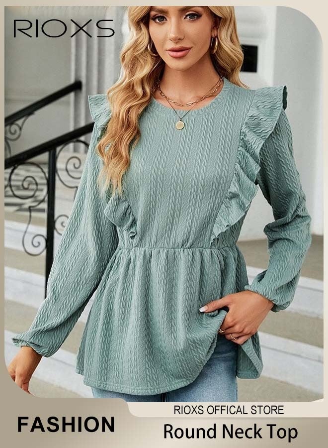 RIOXS Women's Round Neck High Waist Long Sleeve Blouse Shirt Pleated Stitching Jacquard Solid Color Elastic Hem Peplum Top - Image 1