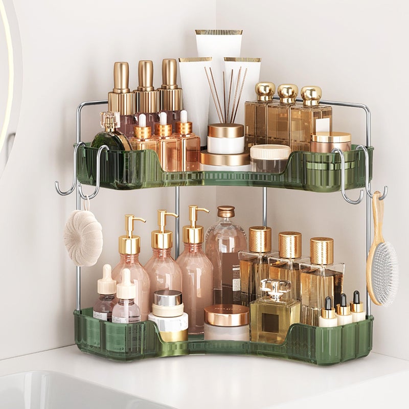 Kinkota Corner Counter Organizer 2Tier Bathroom Kitchen Storage Tray with Hooks PET Green Vanity Organizer for Skincare Makeup Jewelry - Image 2