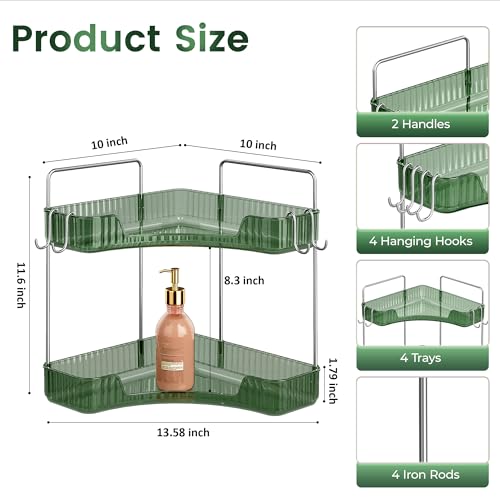 Kinkota Corner Counter Organizer 2Tier Bathroom Kitchen Storage Tray with Hooks PET Green Vanity Organizer for Skincare Makeup Jewelry - Image 3