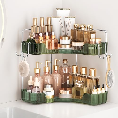 Kinkota Corner Counter Organizer 2Tier Bathroom Kitchen Storage Tray with Hooks PET Green Vanity Organizer for Skincare Makeup Jewelry - Image 1