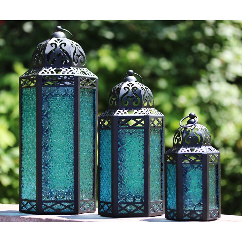 VELA LANTERNS Moroccan Candle Lanterns Decorative Set of 3 for Floor Ramadan Decorations Indoor Home Decor Outdoor Patio or Porch Weddings Blue