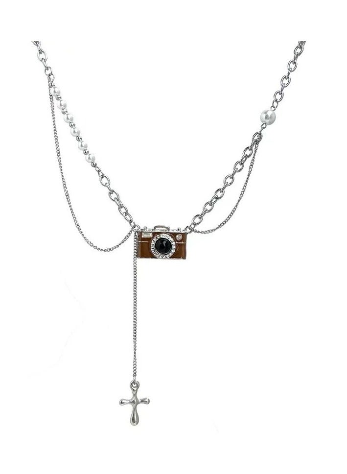 Goolsky قلادة كاميرا بنية عتيقة للنساء - سلسلة لؤلؤ من الفولاذ المقاوم للصدأ مع زخرفة، أسلوب شارع Y2K، مجوهرات طبقات مميزة - Image 5