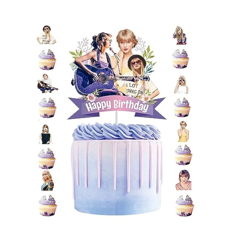 SOLARAE 25pcs Taylor Singer Cake Decorations, Personalised Cake Topper, Taylor Cupcake Toppers, with 1pcs Cake Topper and 24pcs Cupcake Toppers for Swift Birthday Party Supplies - Image 1
