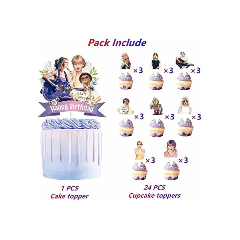 SOLARAE 25pcs Taylor Singer Cake Decorations, Personalised Cake Topper, Taylor Cupcake Toppers, with 1pcs Cake Topper and 24pcs Cupcake Toppers for Swift Birthday Party Supplies - Image 5