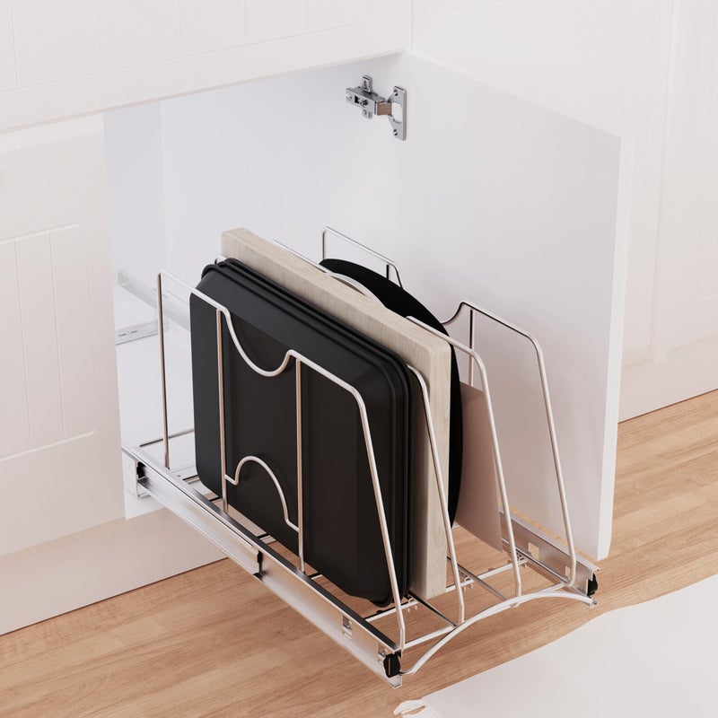 STORKING Pull Out Cookie Sheet Organizer for Cabinet, Pan and Pot Rack, Cutting Board Organizer Rack, Baking Tray Organizer for Cabinet, Adjustable Divider Width, 11" W x 22" D x 11.8" H, Chrome - Image 5