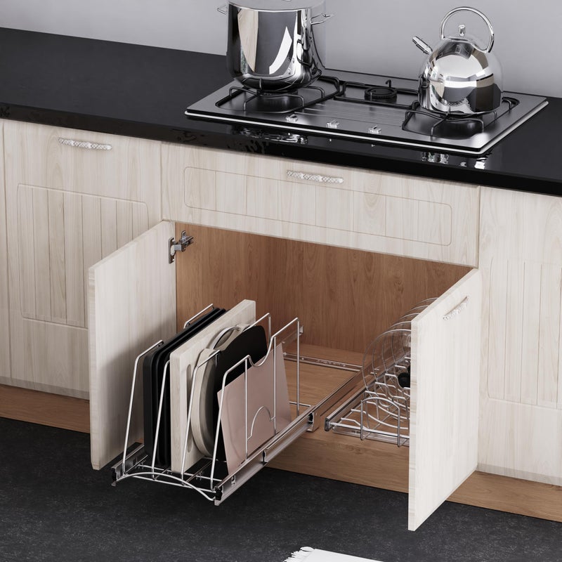 STORKING Pull Out Cookie Sheet Organizer for Cabinet, Pan and Pot Rack, Cutting Board Organizer Rack, Baking Tray Organizer for Cabinet, Adjustable Divider Width, 11" W x 22" D x 11.8" H, Chrome - Image 4