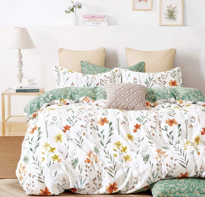 DUVET COVER KING 600 THREAD COUNT COTTON 3PCS BEDDING SET YELLOW FLOWERS AND GREEN BRANCHES PRINTED ON WHITE REVERSIBLE COMFORTER COVER