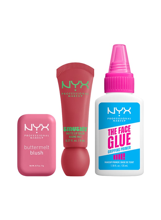 NYX Professional Makeup Buttermelt Powder Blush For The Butta + Smushy Matte Lip Balm Snuggle SZN + Gripping Face Glue Primer 35ml - Image 1