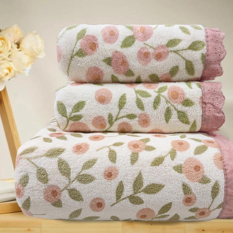 ABREEZE Floral Bath Towel Set,3 pcs,Coral Velvet Soft Absorbent Towels (1 Bath Towel,2 Hand Towels) - Image 1
