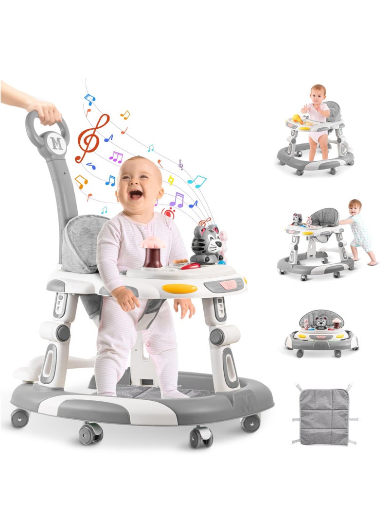 Ofrdncy 4-in-1 Foldable Baby Walkers with Wheels and Baby Activity Center Toys Tray with Music, 5-Gear Height Adjustable for Infant Boys & Girls 6-18 Months (Grey) - Image 1