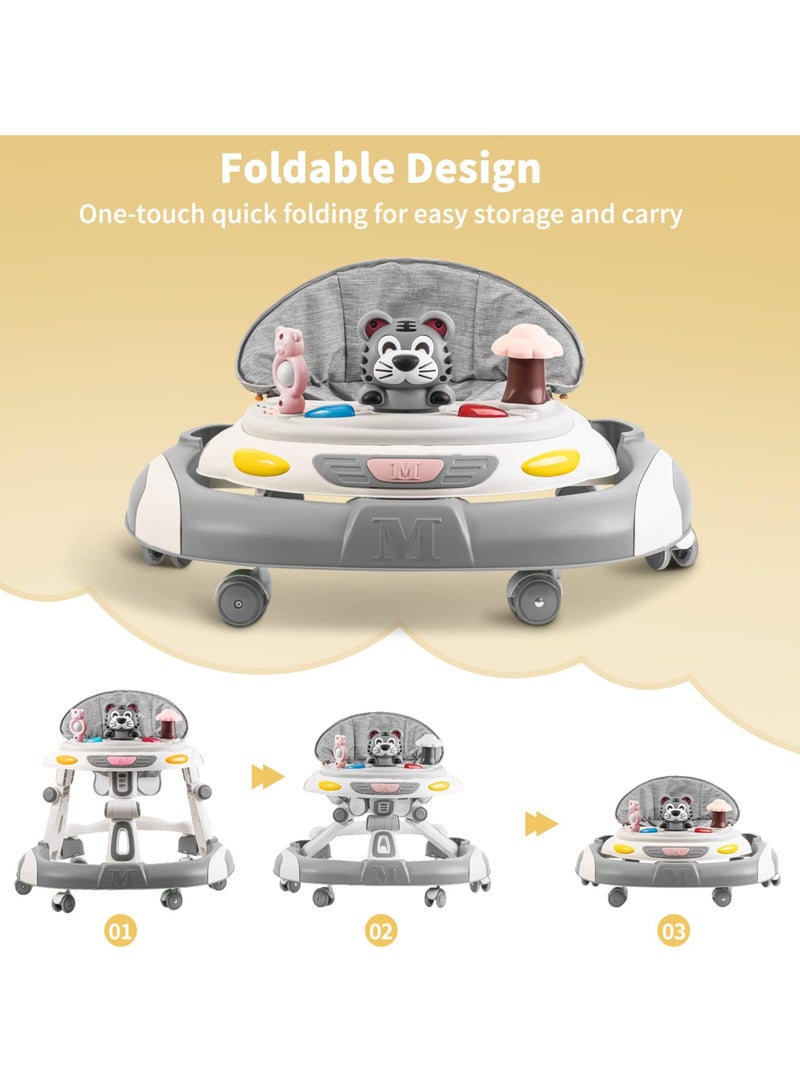 Ofrdncy 4-in-1 Foldable Baby Walkers with Wheels and Baby Activity Center Toys Tray with Music, 5-Gear Height Adjustable for Infant Boys & Girls 6-18 Months (Grey) - Image 2