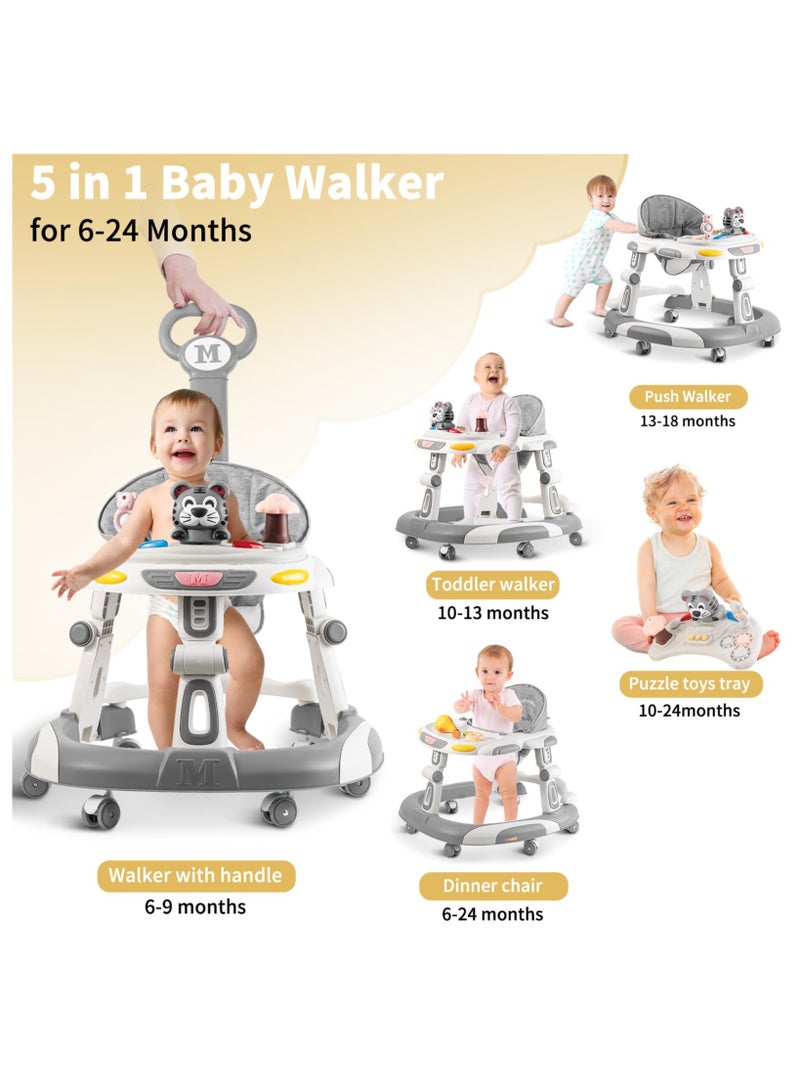 Ofrdncy 4-in-1 Foldable Baby Walkers with Wheels and Baby Activity Center Toys Tray with Music, 5-Gear Height Adjustable for Infant Boys & Girls 6-18 Months (Grey) - Image 3