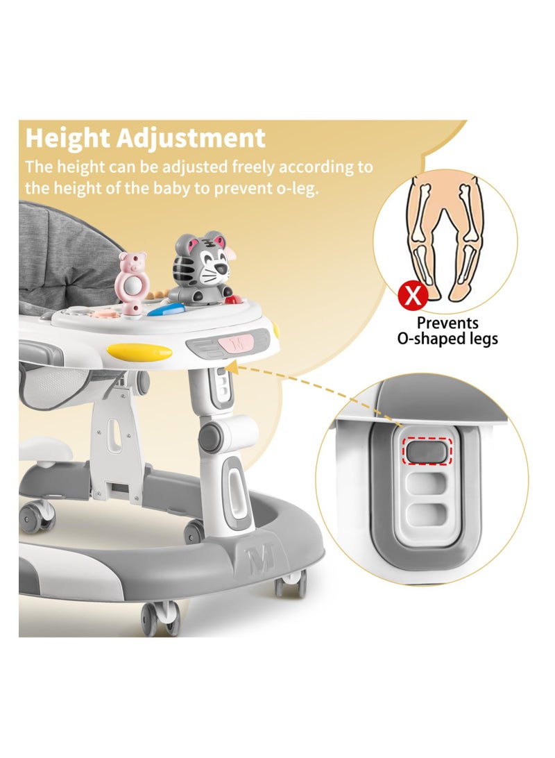 Ofrdncy 4-in-1 Foldable Baby Walkers with Wheels and Baby Activity Center Toys Tray with Music, 5-Gear Height Adjustable for Infant Boys & Girls 6-18 Months (Grey) - Image 4
