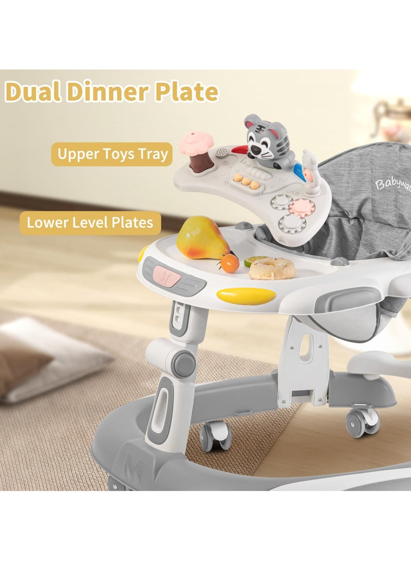 Ofrdncy 4-in-1 Foldable Baby Walkers with Wheels and Baby Activity Center Toys Tray with Music, 5-Gear Height Adjustable for Infant Boys & Girls 6-18 Months (Grey) - Image 5