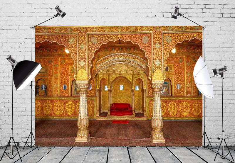 BELECO 7x5ft Fabric Indian Royal Palace Backdrop Interior Private Audience Hall in Anup Mahal and Maharaja Throne with Gold Carvings Photography Background for Travel Portrait Photo Studio Props - Image 3