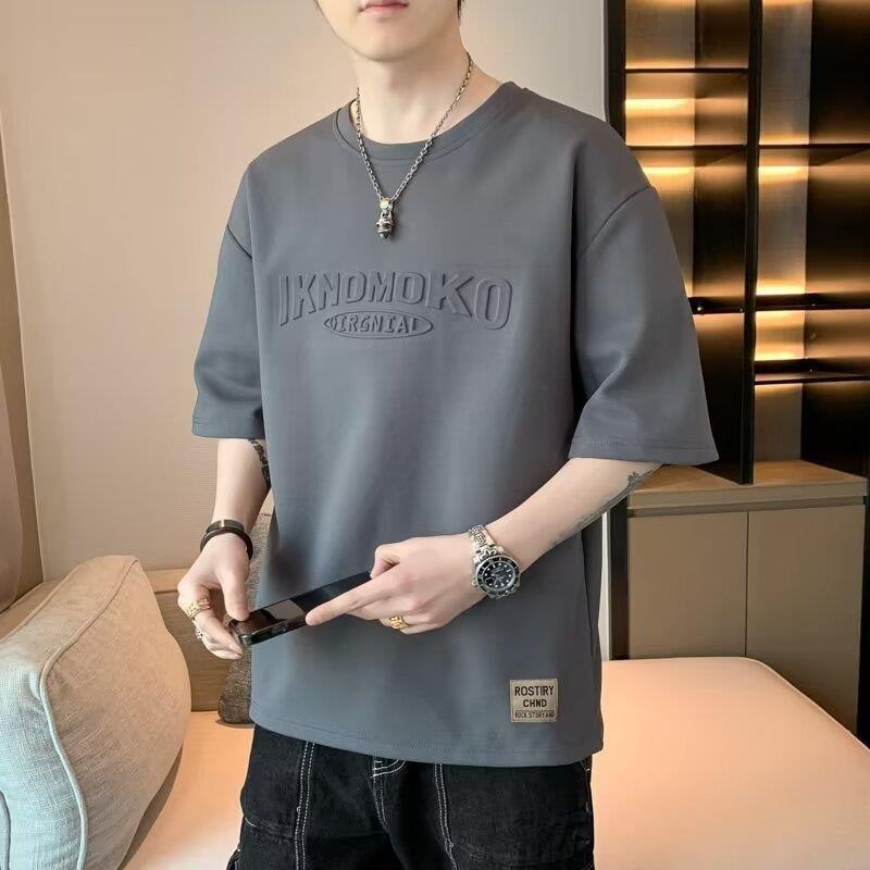 Men'S Short-Sleeved T-Shirt Summer 2024 Trendy Instagram Popular Brand Base Shirt Steel-Printed Three-Dimensional Letter Loose Half-Sleeve Top - Image 2