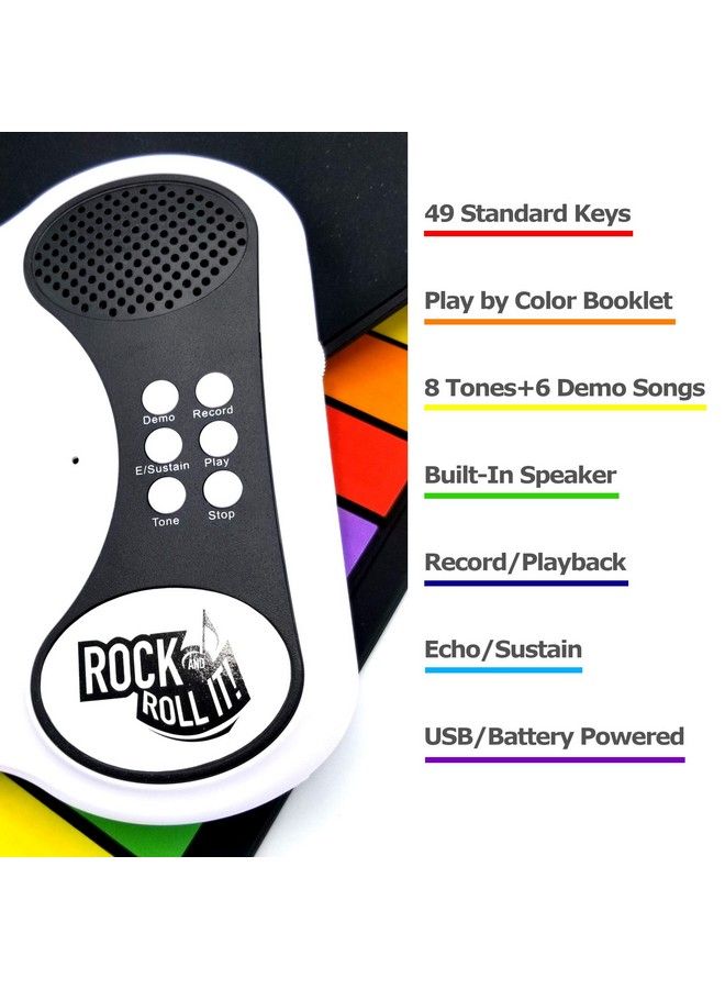 MukikiM Rock And Roll It The Original Rainbow Piano. Roll Up Flexible Piano Keyboard For Kids / Beginners. Portable 49 Keys Silicone Piano Pad. Playbycolor Songbook Included! - Image 3