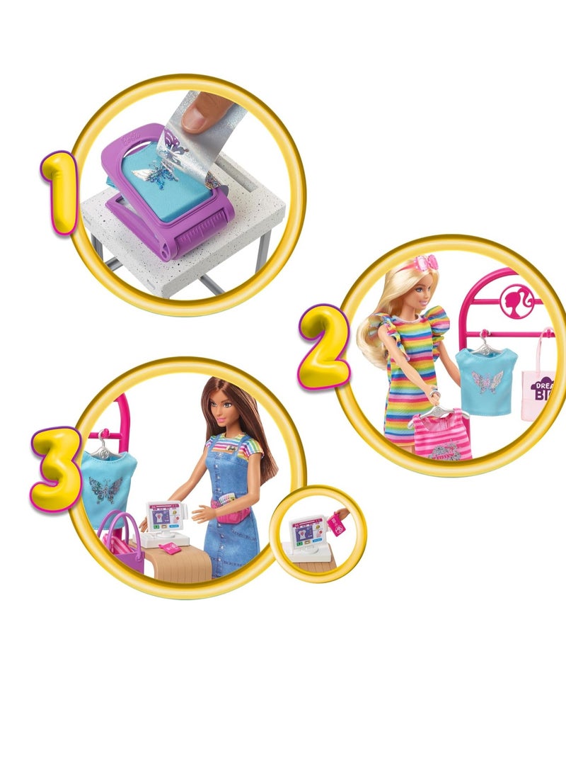 باربي اصنع وبيع مجموعة اللعب البوتيكية مع الدمية السمراء وأدوات تصميم الرقائق المعدنية والملابس والإكسسوارات - Image 4