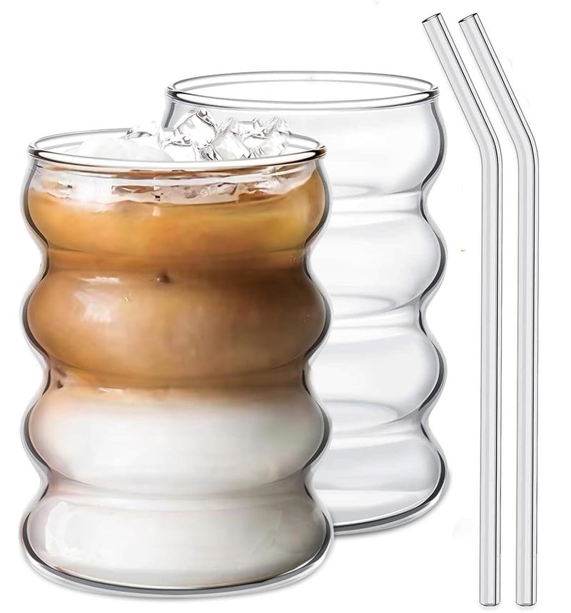 KELVEE Reusable Round Wave Shape Coffee Glass Tumbler with Straw Round Wave Shape Pack of 1, 500ml Multipurpose Drinking Matcha Glasses Aesthetic Sipper Mug for Juice Smoothies Green Tea Cup (Wave) - Image 1