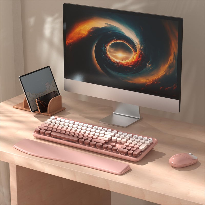 MPTOG Colorful Wireless Computer Keyboard and Mouse Combo with Phone Holder, Wrist Rest, Typewriter Keys, 2.4GHz Wireless, Full-Sized Optical Mouse for PC and Laptop(Peach Colorful) - Image 2