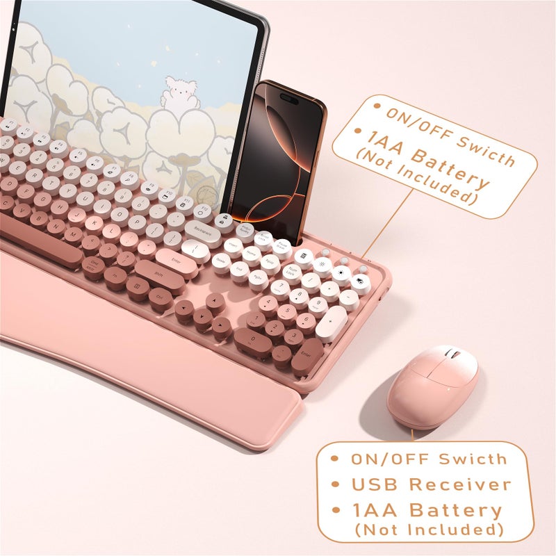 MPTOG Colorful Wireless Computer Keyboard and Mouse Combo with Phone Holder, Wrist Rest, Typewriter Keys, 2.4GHz Wireless, Full-Sized Optical Mouse for PC and Laptop(Peach Colorful) - Image 5