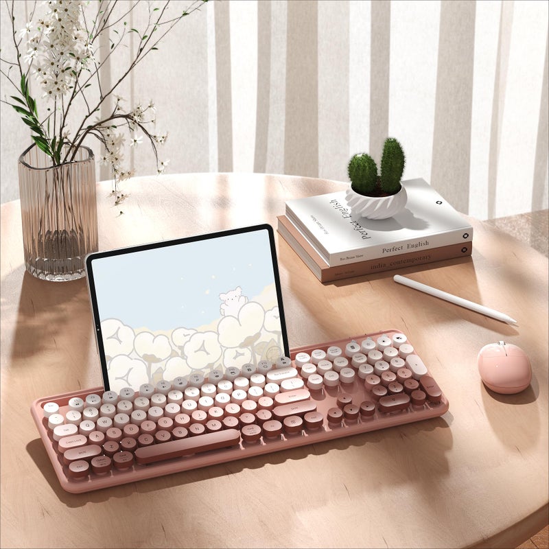 MPTOG Colorful Wireless Computer Keyboard and Mouse Combo with Phone Holder, Wrist Rest, Typewriter Keys, 2.4GHz Wireless, Full-Sized Optical Mouse for PC and Laptop(Peach Colorful) - Image 3