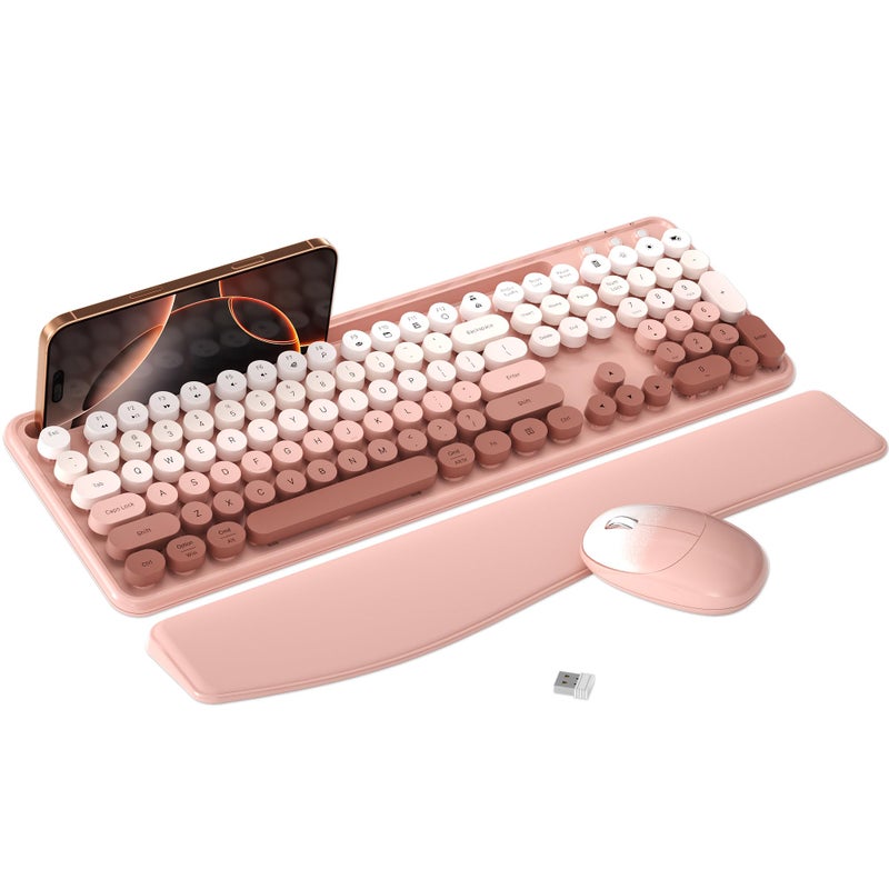 MPTOG Colorful Wireless Computer Keyboard and Mouse Combo with Phone Holder, Wrist Rest, Typewriter Keys, 2.4GHz Wireless, Full-Sized Optical Mouse for PC and Laptop(Peach Colorful) - Image 1
