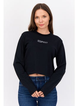 Women Crew Neck Long Sleeve Long Sleeve Brand Logo T-Shirts, Black