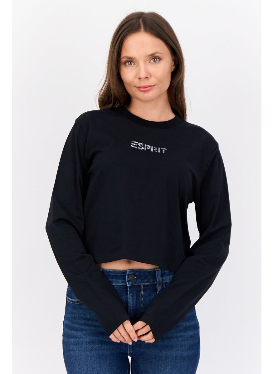 ESPRIT - Women Crew Neck Long Sleeve Long Sleeve Brand Logo T-Shirts, Black - Image 1