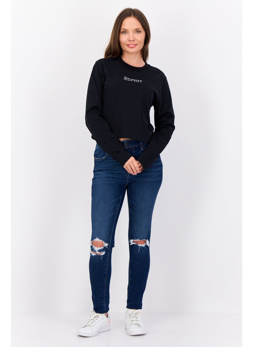 ESPRIT - Women Crew Neck Long Sleeve Long Sleeve Brand Logo T-Shirts, Black - Image 1