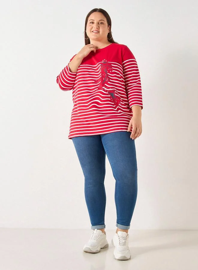 Ulla Popken Plus Size Ulla Popken Striped T-shirt with 3/4 Sleeves