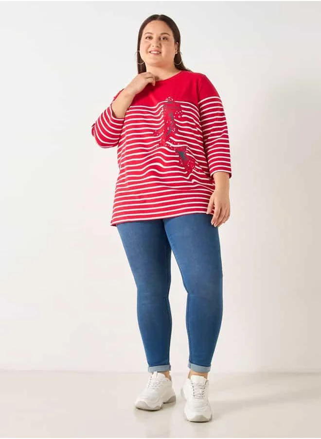 Ulla Popken Plus Size Ulla Popken Striped T-shirt with 3/4 Sleeves