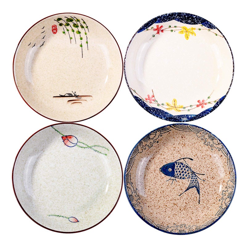 Whitenesser Japanese 8 Inch Retro Dinner Plates Porcelain Plate Set of 4 Ceramic Dishes Microwavable Plates