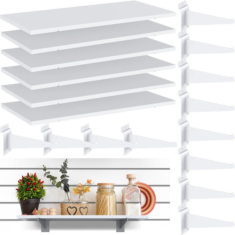 Tcevily 6 Pack White Slatwall Shelf, 15.7" x 6" Wooden Slat Wall Shelves with Metal Brackets Heavy Duty Slatwall Shelving Organizer Accessories for Home Garage (6, 15.7" x 6") - Image 1