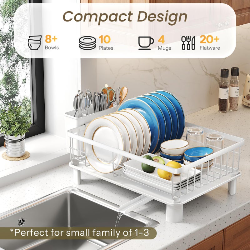 SNTD Dish Drying Rack - Small Dish Rack for Kitchen Counter, Stainless Steel Dish Drainer with Utensil Holder and Drainboard, 11" W x 15" L (White) - Image 3