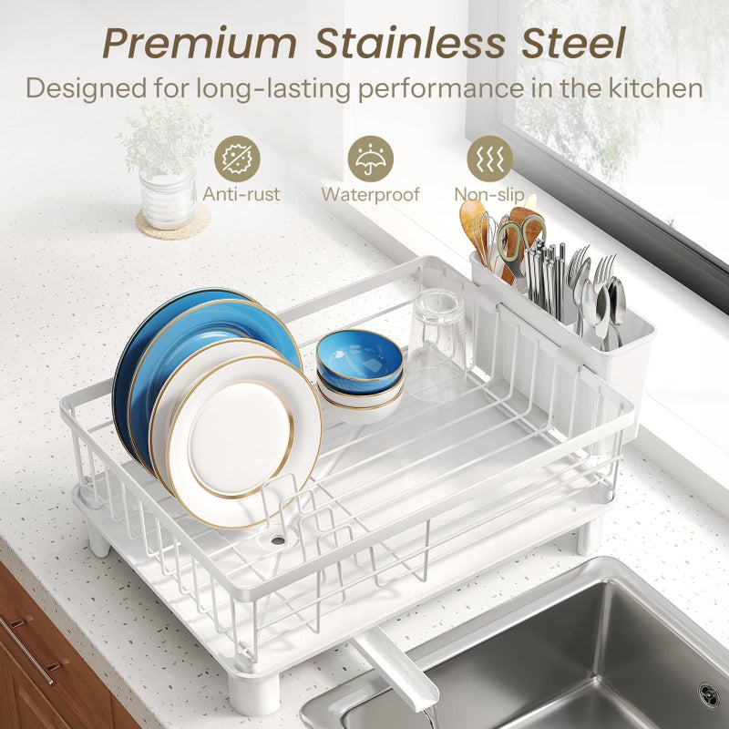 SNTD Dish Drying Rack - Small Dish Rack for Kitchen Counter, Stainless Steel Dish Drainer with Utensil Holder and Drainboard, 11" W x 15" L (White) - Image 5